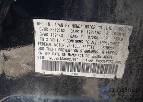 2010 Honda Fit Sport from USA, damaged, VIN JHMGE8H48AC027919
